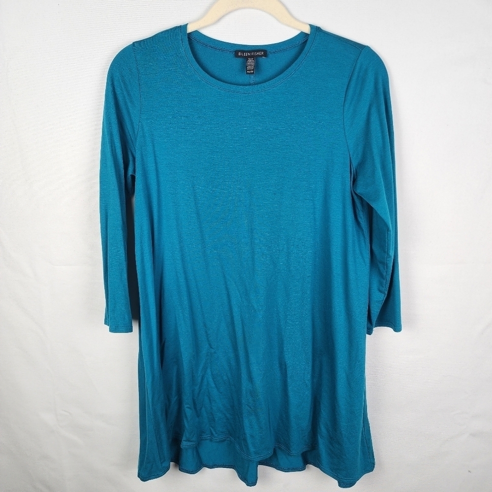 Eileen Fisher Teal Tencel Lyocell 3/4 Sleeve A-Line Tunic Top XS TP